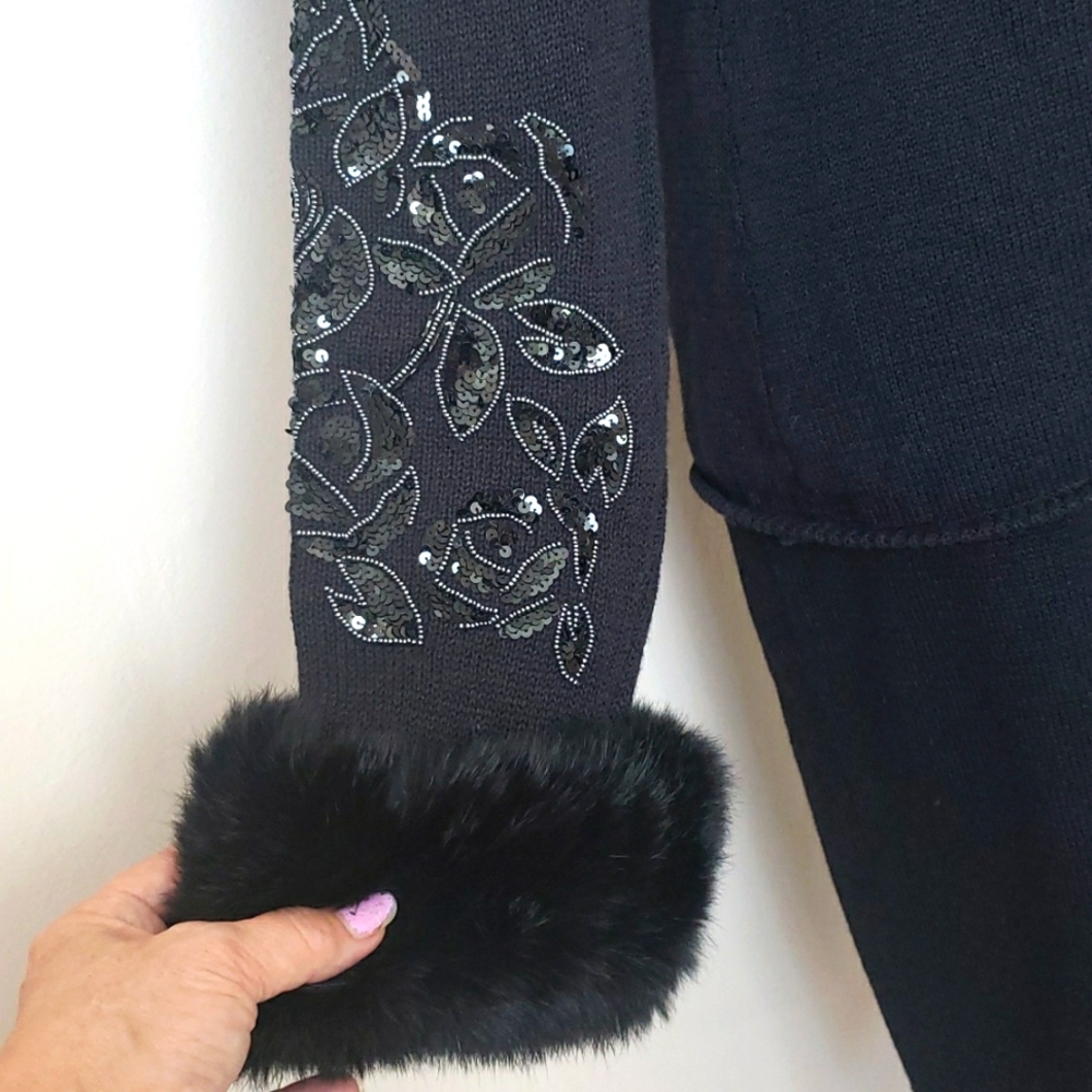 BONNIE BOERER & CO. Vintage Sequin and Beaded Fur Cuffed Sweater and Skirt